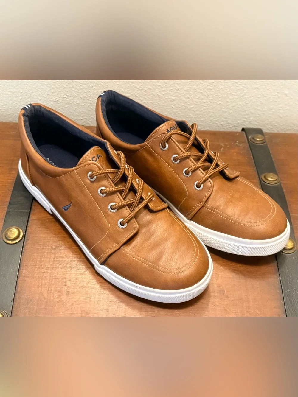 Nautica Men's PU Brown Leather Boat Sneakers with White Sole